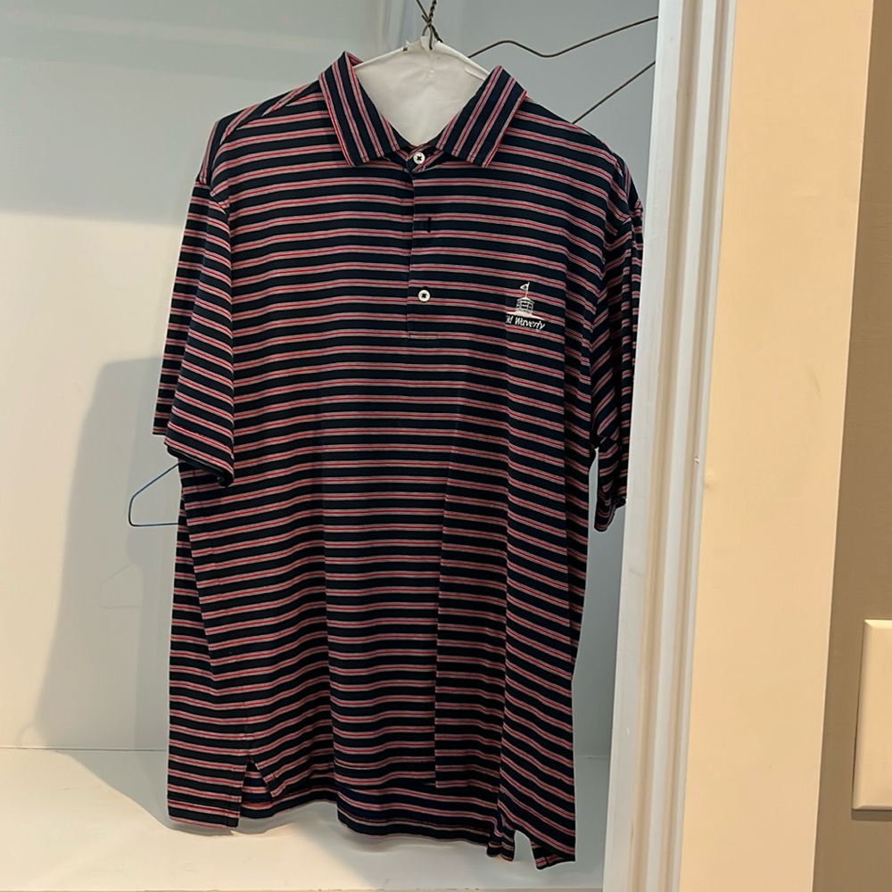 Navy & Red Old Waverly Performance Golf Polo fairway & green
